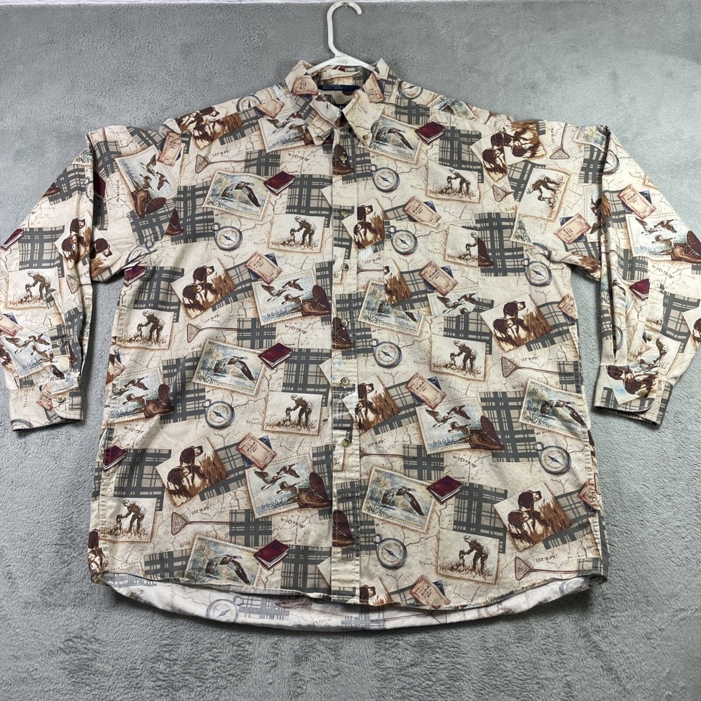 Vtg Nautica Shirt Men XL All Over Print Hunting Dog Duck Stamp Button Down LS